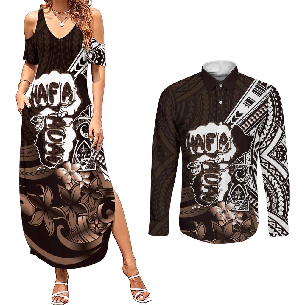 Hafa Adai Guam Discovery Day Couples Matching Summer Maxi Dress and Long Sleeve Button Shirt Chamorro Latte Stone Hand Brown Version LT14 Brown - Polynesian Pride