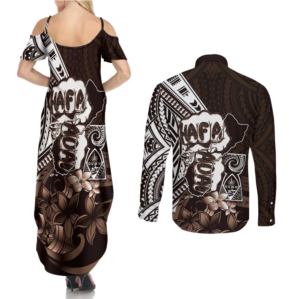 Hafa Adai Guam Discovery Day Couples Matching Summer Maxi Dress and Long Sleeve Button Shirt Chamorro Latte Stone Hand Brown Version LT14 - Polynesian Pride