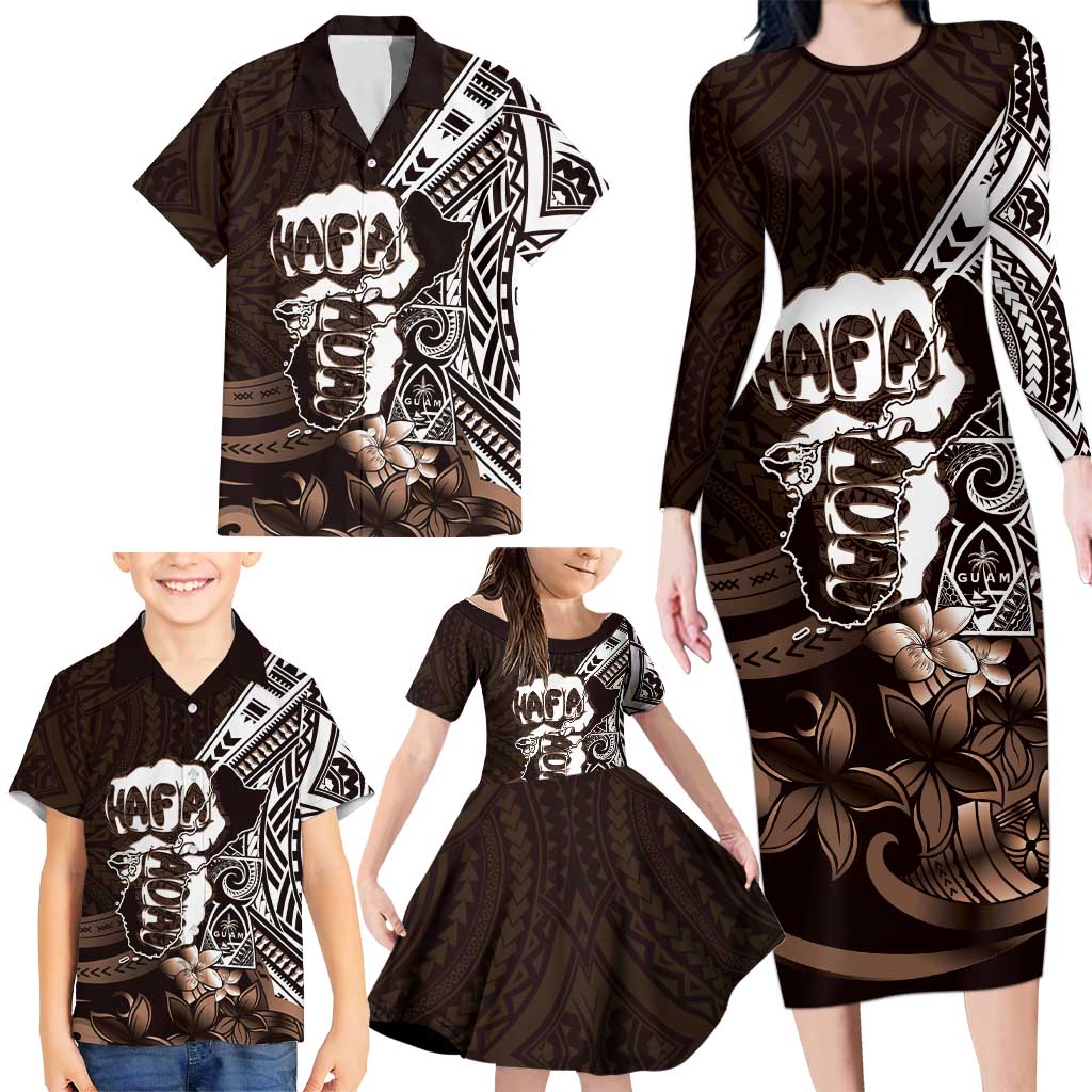 Hafa Adai Guam Discovery Day Family Matching Long Sleeve Bodycon Dress and Hawaiian Shirt Chamorro Latte Stone Hand Brown Version LT14 - Polynesian Pride