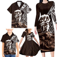 Hafa Adai Guam Discovery Day Family Matching Long Sleeve Bodycon Dress and Hawaiian Shirt Chamorro Latte Stone Hand Brown Version LT14 - Polynesian Pride