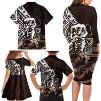 Hafa Adai Guam Discovery Day Family Matching Long Sleeve Bodycon Dress and Hawaiian Shirt Chamorro Latte Stone Hand Brown Version LT14 - Polynesian Pride