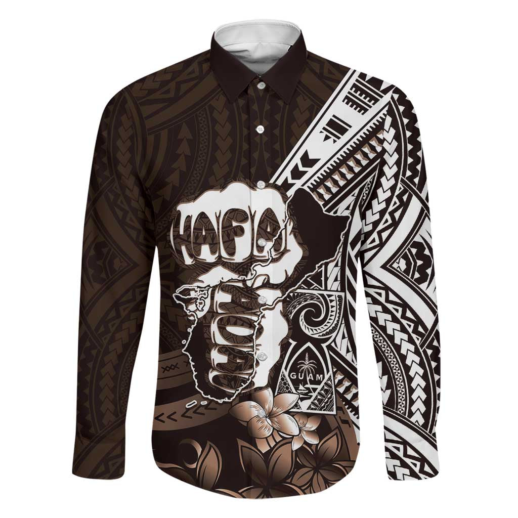 Hafa Adai Guam Discovery Day Family Matching Long Sleeve Bodycon Dress and Hawaiian Shirt Chamorro Latte Stone Hand Brown Version LT14 Dad's Shirt - Long Sleeve Brown - Polynesian Pride