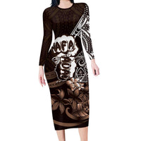 Hafa Adai Guam Discovery Day Family Matching Long Sleeve Bodycon Dress and Hawaiian Shirt Chamorro Latte Stone Hand Brown Version LT14 Mom's Dress Brown - Polynesian Pride