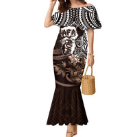Hafa Adai Guam Discovery Day Family Matching Mermaid Dress and Hawaiian Shirt Chamorro Latte Stone Hand Brown Version LT14 Mom's Dress Brown - Polynesian Pride