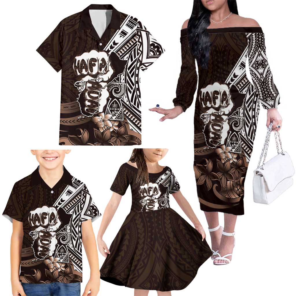 Hafa Adai Guam Discovery Day Family Matching Off The Shoulder Long Sleeve Dress and Hawaiian Shirt Chamorro Latte Stone Hand Brown Version LT14 - Polynesian Pride
