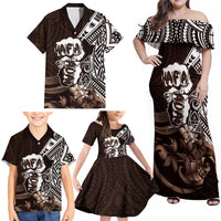 Hafa Adai Guam Discovery Day Family Matching Off Shoulder Maxi Dress and Hawaiian Shirt Chamorro Latte Stone Hand Brown Version LT14 - Polynesian Pride
