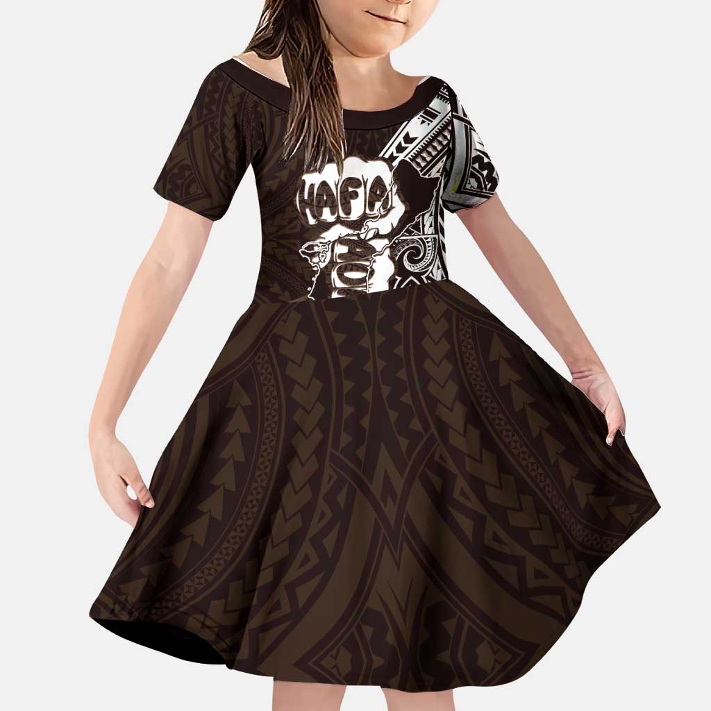 Hafa Adai Guam Discovery Day Family Matching Off Shoulder Short Dress and Hawaiian Shirt Chamorro Latte Stone Hand Brown Version LT14 Daughter's Dress Brown - Polynesian Pride