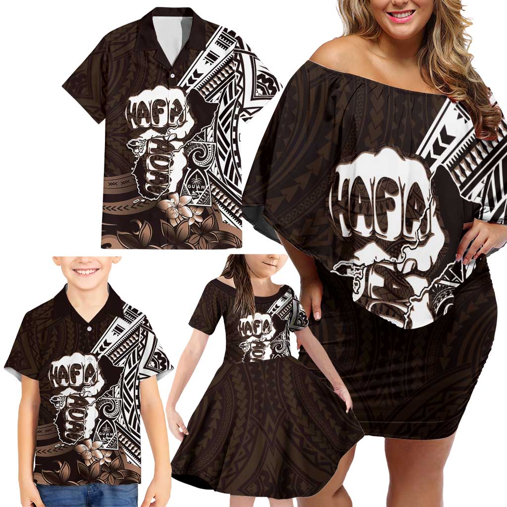Hafa Adai Guam Discovery Day Family Matching Off Shoulder Short Dress and Hawaiian Shirt Chamorro Latte Stone Hand Brown Version LT14 - Polynesian Pride