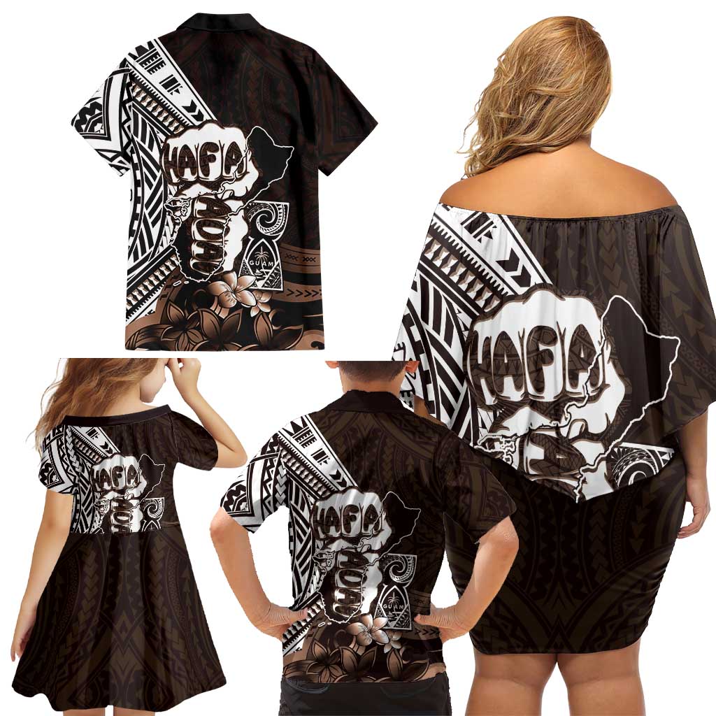 Hafa Adai Guam Discovery Day Family Matching Off Shoulder Short Dress and Hawaiian Shirt Chamorro Latte Stone Hand Brown Version LT14 - Polynesian Pride