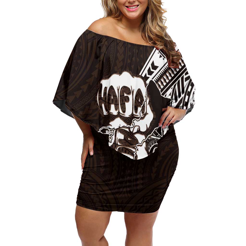 Hafa Adai Guam Discovery Day Family Matching Off Shoulder Short Dress and Hawaiian Shirt Chamorro Latte Stone Hand Brown Version LT14 Mom's Dress Brown - Polynesian Pride