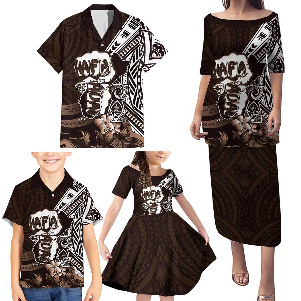 Hafa Adai Guam Discovery Day Family Matching Puletasi and Hawaiian Shirt Chamorro Latte Stone Hand Brown Version