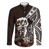 Hafa Adai Guam Discovery Day Family Matching Summer Maxi Dress and Hawaiian Shirt Chamorro Latte Stone Hand Brown Version LT14 Dad's Shirt - Long Sleeve Brown - Polynesian Pride