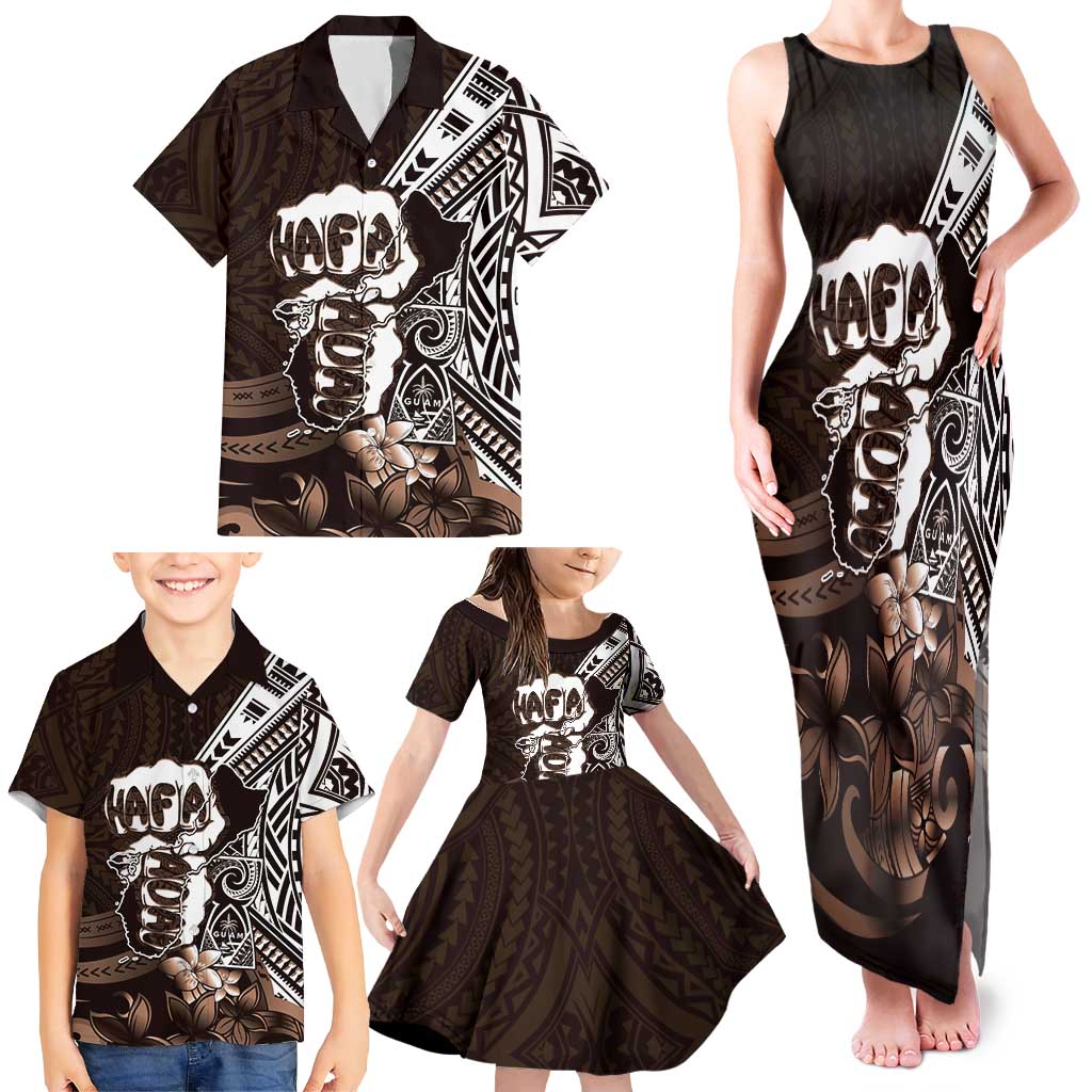 Hafa Adai Guam Discovery Day Family Matching Tank Maxi Dress and Hawaiian Shirt Chamorro Latte Stone Hand Brown Version