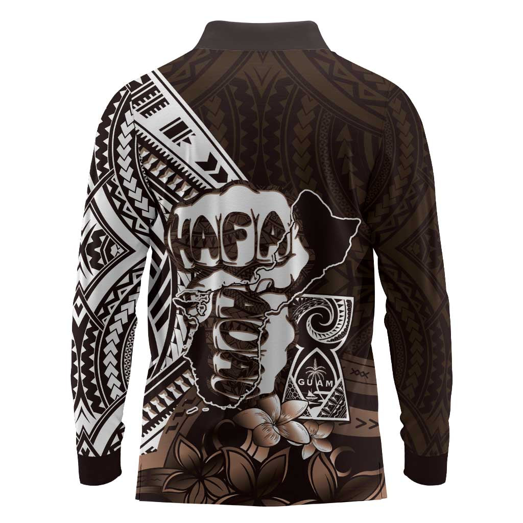 Hafa Adai Guam Discovery Day Long Sleeve Polo Shirt Chamorro Latte Stone Hand Brown Version