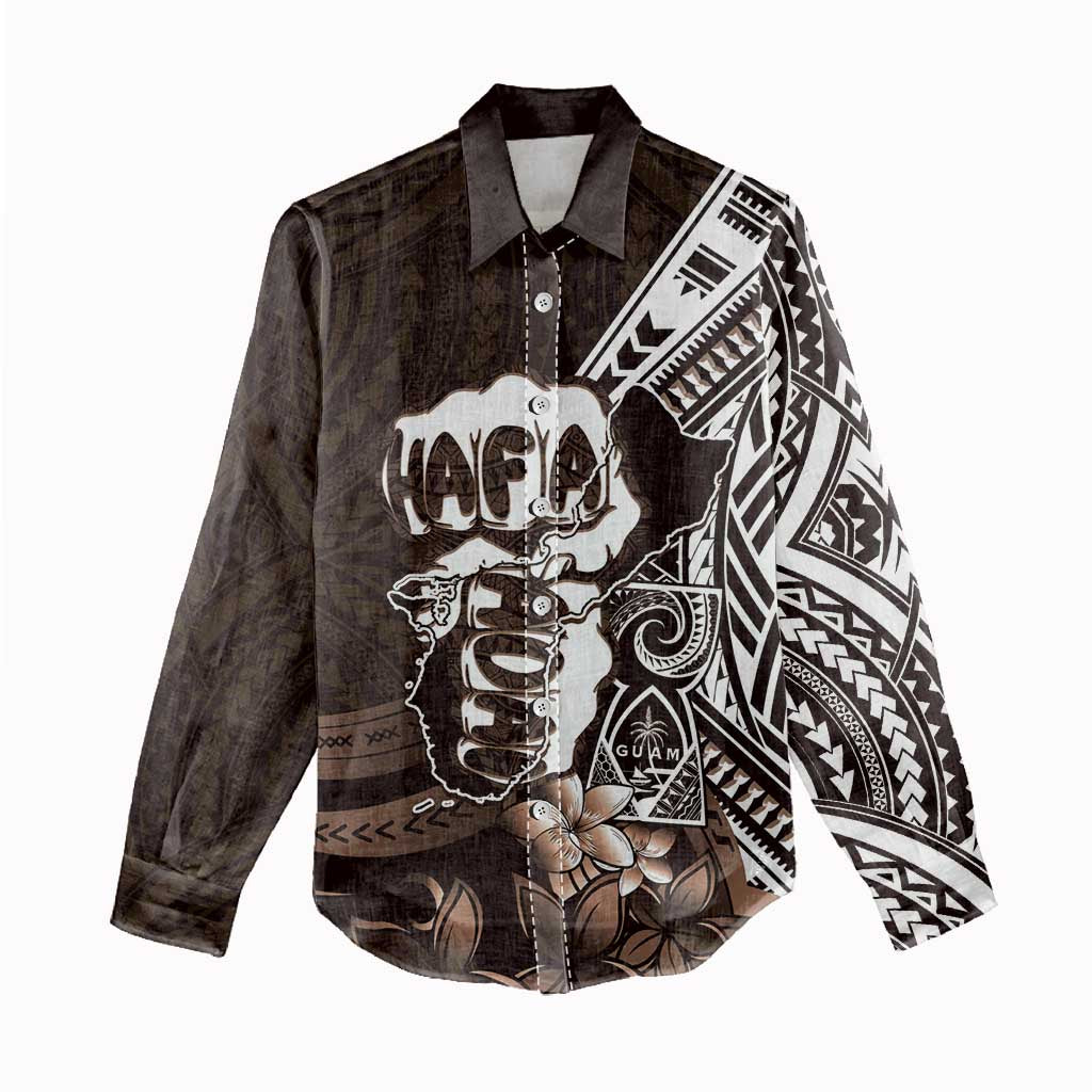 Hafa Adai Guam Discovery Day Women Casual Shirt Chamorro Latte Stone Hand Brown Version