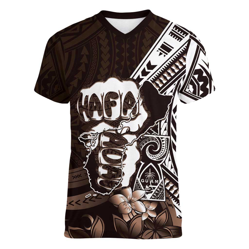 Hafa Adai Guam Discovery Day Women V-Neck T-Shirt Chamorro Latte Stone Hand Brown Version