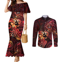 Personalised Polynesia Zodiac Aries Couples Matching Mermaid Dress and Long Sleeve Button Shirt Galaxy Polynesian Pattern Chest Tattoo Style LT14 Red - Polynesian Pride