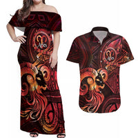 Personalised Polynesia Zodiac Aries Couples Matching Off Shoulder Maxi Dress and Hawaiian Shirt Galaxy Polynesian Pattern Chest Tattoo Style
