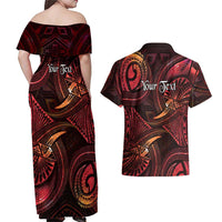 Personalised Polynesia Zodiac Aries Couples Matching Off Shoulder Maxi Dress and Hawaiian Shirt Galaxy Polynesian Pattern Chest Tattoo Style