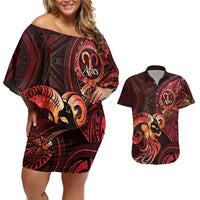 Personalised Polynesia Zodiac Aries Couples Matching Off Shoulder Short Dress and Hawaiian Shirt Galaxy Polynesian Pattern Chest Tattoo Style