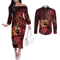 Personalised Polynesia Zodiac Aries Couples Matching Off The Shoulder Long Sleeve Dress and Long Sleeve Button Shirt Galaxy Polynesian Pattern Chest Tattoo Style