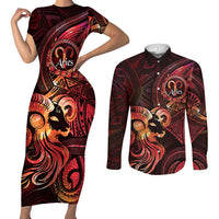 Personalised Polynesia Zodiac Aries Couples Matching Short Sleeve Bodycon Dress and Long Sleeve Button Shirt Galaxy Polynesian Pattern Chest Tattoo Style