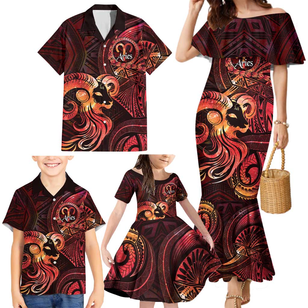 Personalised Polynesia Zodiac Aries Family Matching Mermaid Dress and Hawaiian Shirt Galaxy Polynesian Pattern Chest Tattoo Style LT14 - Polynesian Pride