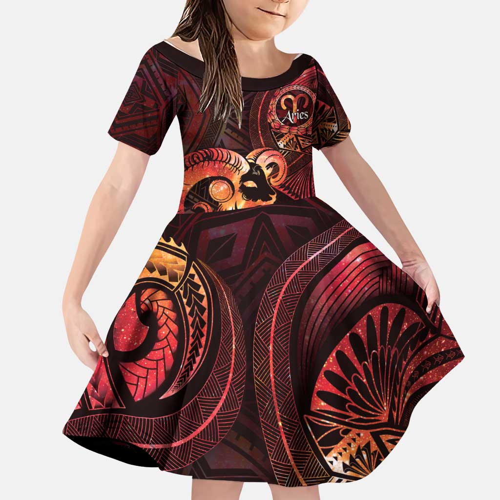 Personalised Polynesia Zodiac Aries Family Matching Off The Shoulder Long Sleeve Dress and Hawaiian Shirt Galaxy Polynesian Pattern Chest Tattoo Style LT14 Daughter's Dress Red - Polynesian Pride