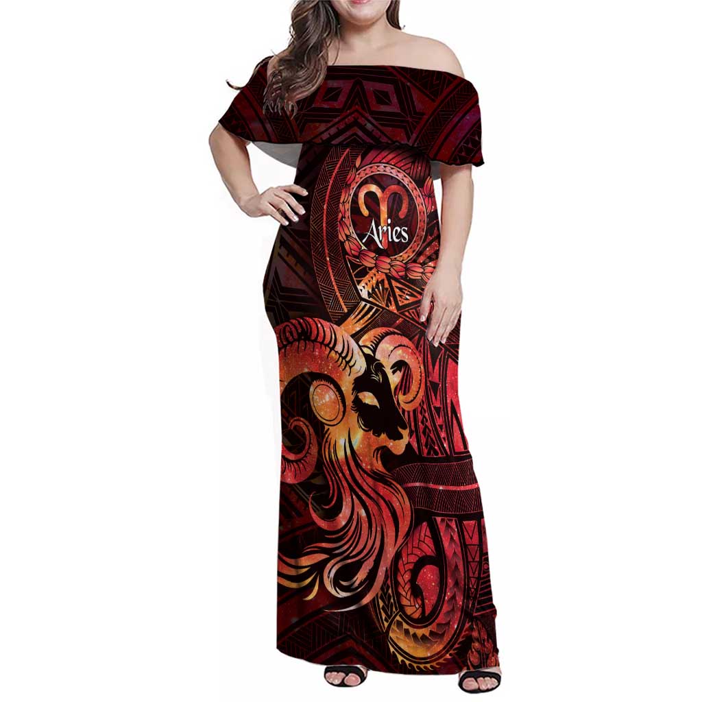 Personalised Polynesia Zodiac Aries Family Matching Off Shoulder Maxi Dress and Hawaiian Shirt Galaxy Polynesian Pattern Chest Tattoo Style LT14 Mom's Dress Red - Polynesian Pride