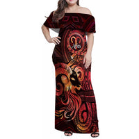 Personalised Polynesia Zodiac Aries Family Matching Off Shoulder Maxi Dress and Hawaiian Shirt Galaxy Polynesian Pattern Chest Tattoo Style LT14 Mom's Dress Red - Polynesian Pride