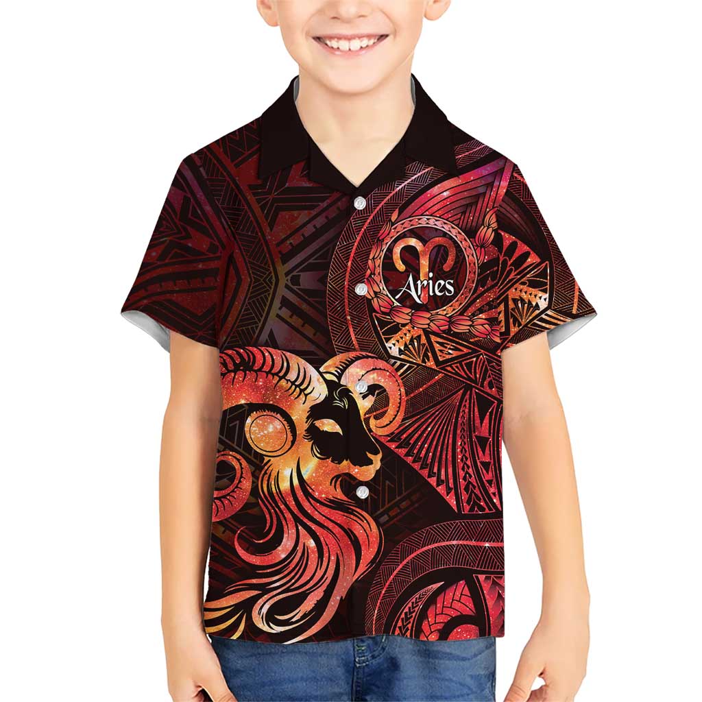 Personalised Polynesia Zodiac Aries Family Matching Off Shoulder Maxi Dress and Hawaiian Shirt Galaxy Polynesian Pattern Chest Tattoo Style LT14 Son's Shirt Red - Polynesian Pride