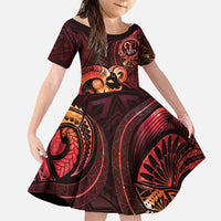Personalised Polynesia Zodiac Aries Family Matching Off Shoulder Short Dress and Hawaiian Shirt Galaxy Polynesian Pattern Chest Tattoo Style LT14 Daughter's Dress Red - Polynesian Pride