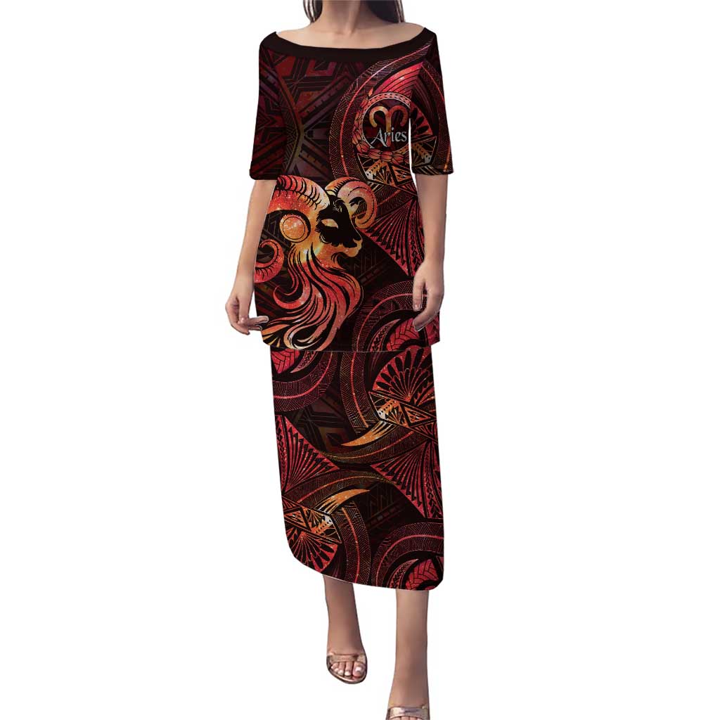 Personalised Polynesia Zodiac Aries Family Matching Puletasi and Hawaiian Shirt Galaxy Polynesian Pattern Chest Tattoo Style