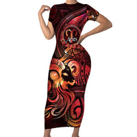 Personalised Polynesia Zodiac Aries Family Matching Short Sleeve Bodycon Dress and Hawaiian Shirt Galaxy Polynesian Pattern Chest Tattoo Style LT14 Mom's Dress Red - Polynesian Pride