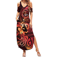 Personalised Polynesia Zodiac Aries Family Matching Summer Maxi Dress and Hawaiian Shirt Galaxy Polynesian Pattern Chest Tattoo Style LT14 Mom's Dress Red - Polynesian Pride
