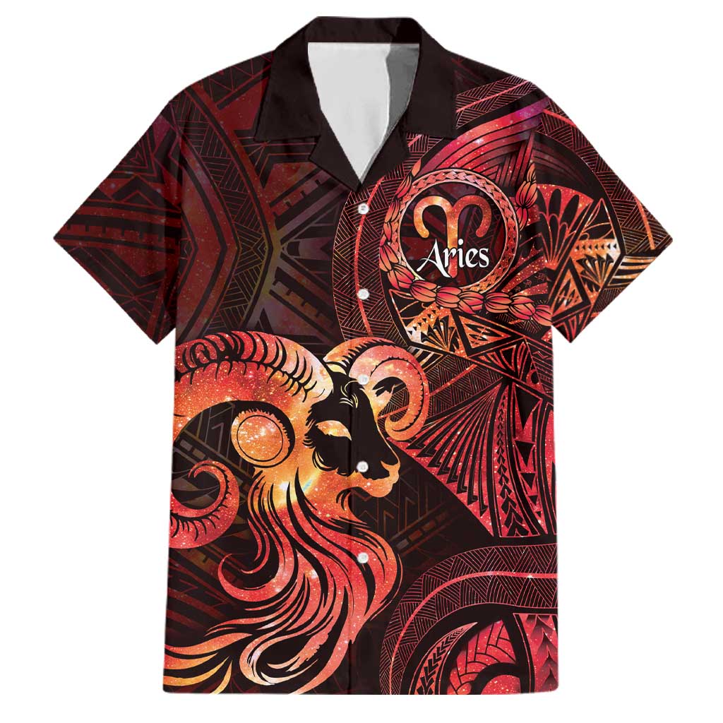 Personalised Polynesia Zodiac Aries Family Matching Tank Maxi Dress and Hawaiian Shirt Galaxy Polynesian Pattern Chest Tattoo Style LT14 Dad's Shirt - Short Sleeve Red - Polynesian Pride