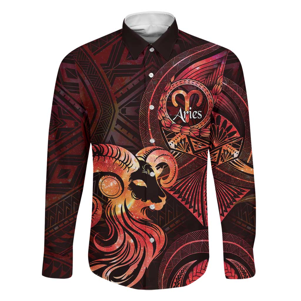 Personalised Polynesia Zodiac Aries Family Matching Tank Maxi Dress and Hawaiian Shirt Galaxy Polynesian Pattern Chest Tattoo Style LT14 Dad's Shirt - Long Sleeve Red - Polynesian Pride