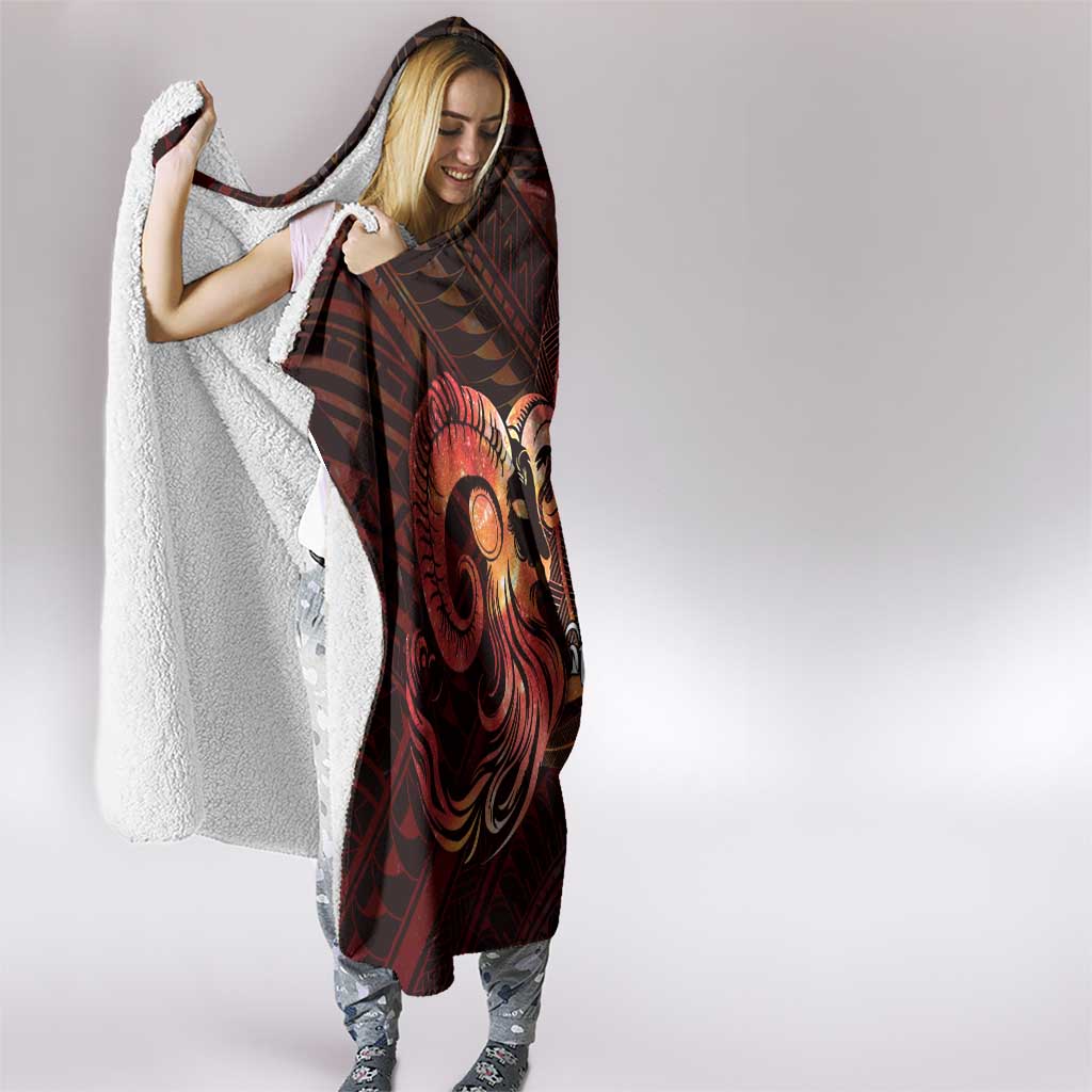 Personalised Polynesia Zodiac Aries Hooded Blanket Galaxy Polynesian Pattern Chest Tattoo Style