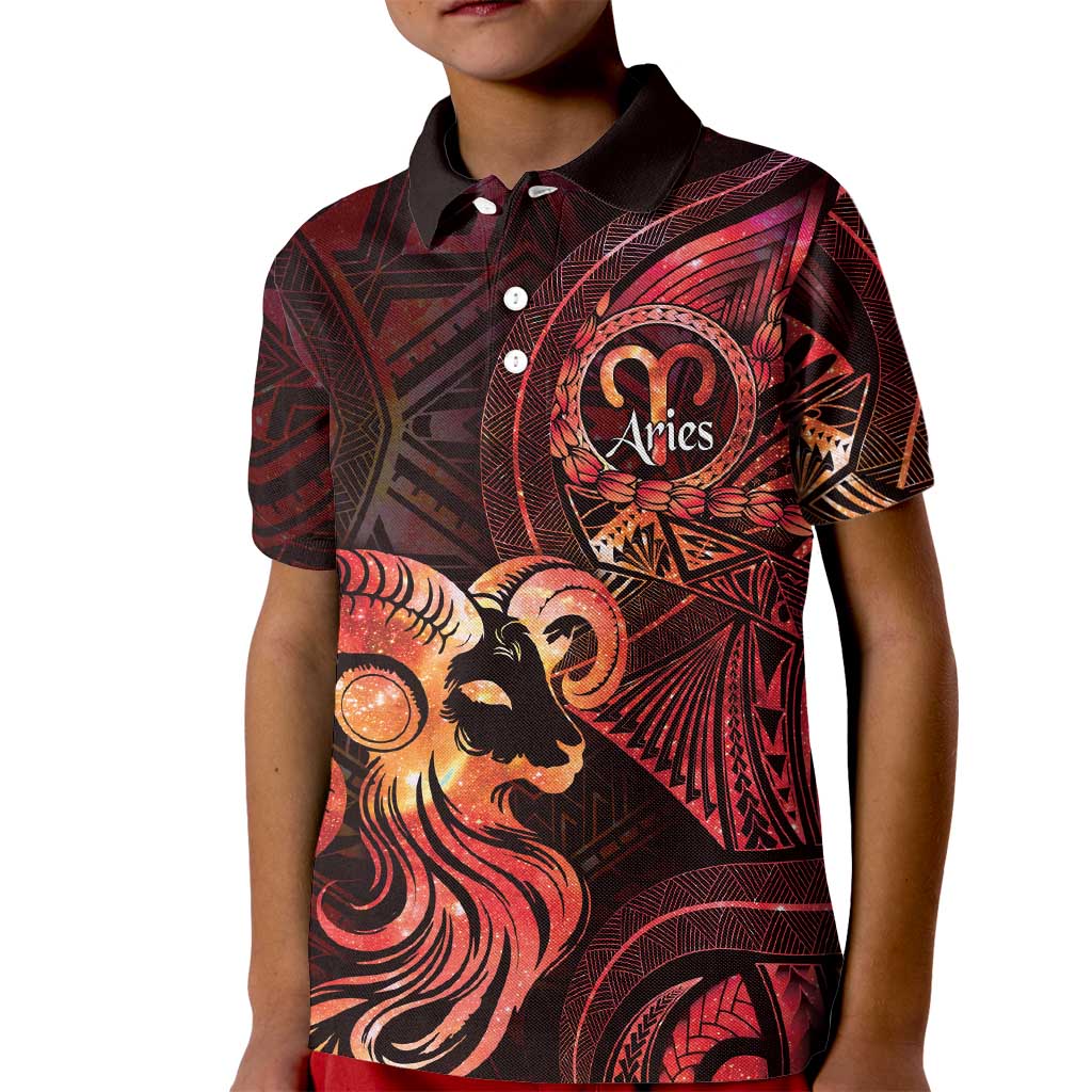 Personalised Polynesia Zodiac Aries Kid Polo Shirt Galaxy Polynesian Pattern Chest Tattoo Style LT14 Kid Red - Polynesian Pride