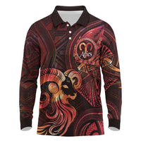 Personalised Polynesia Zodiac Aries Long Sleeve Polo Shirt Galaxy Polynesian Pattern Chest Tattoo Style LT14 Red - Polynesian Pride