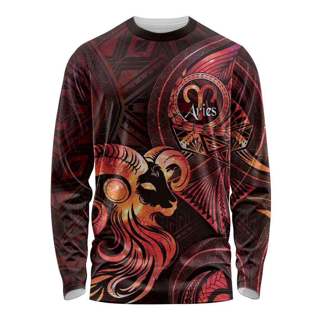 Personalised Polynesia Zodiac Aries Long Sleeve Shirt Galaxy Polynesian Pattern Chest Tattoo Style