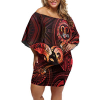 Personalised Polynesia Zodiac Aries Off Shoulder Short Dress Galaxy Polynesian Pattern Chest Tattoo Style LT14 Women Red - Polynesian Pride