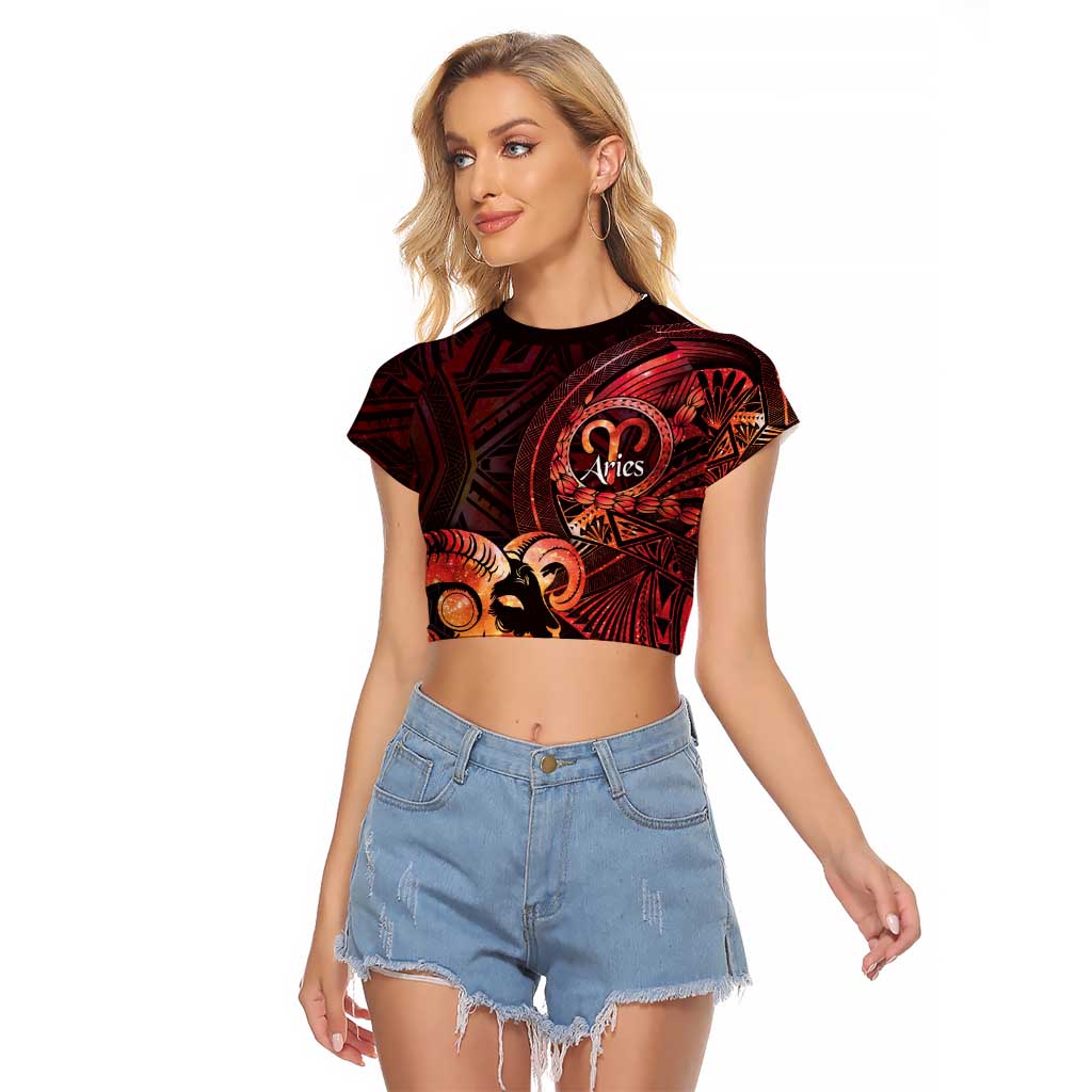 Personalised Polynesia Zodiac Aries Raglan Cropped T Shirt Galaxy Polynesian Pattern Chest Tattoo Style