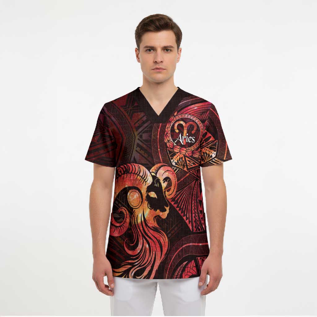 Personalised Polynesia Zodiac Aries Scrub Top Galaxy Polynesian Pattern Chest Tattoo Style
