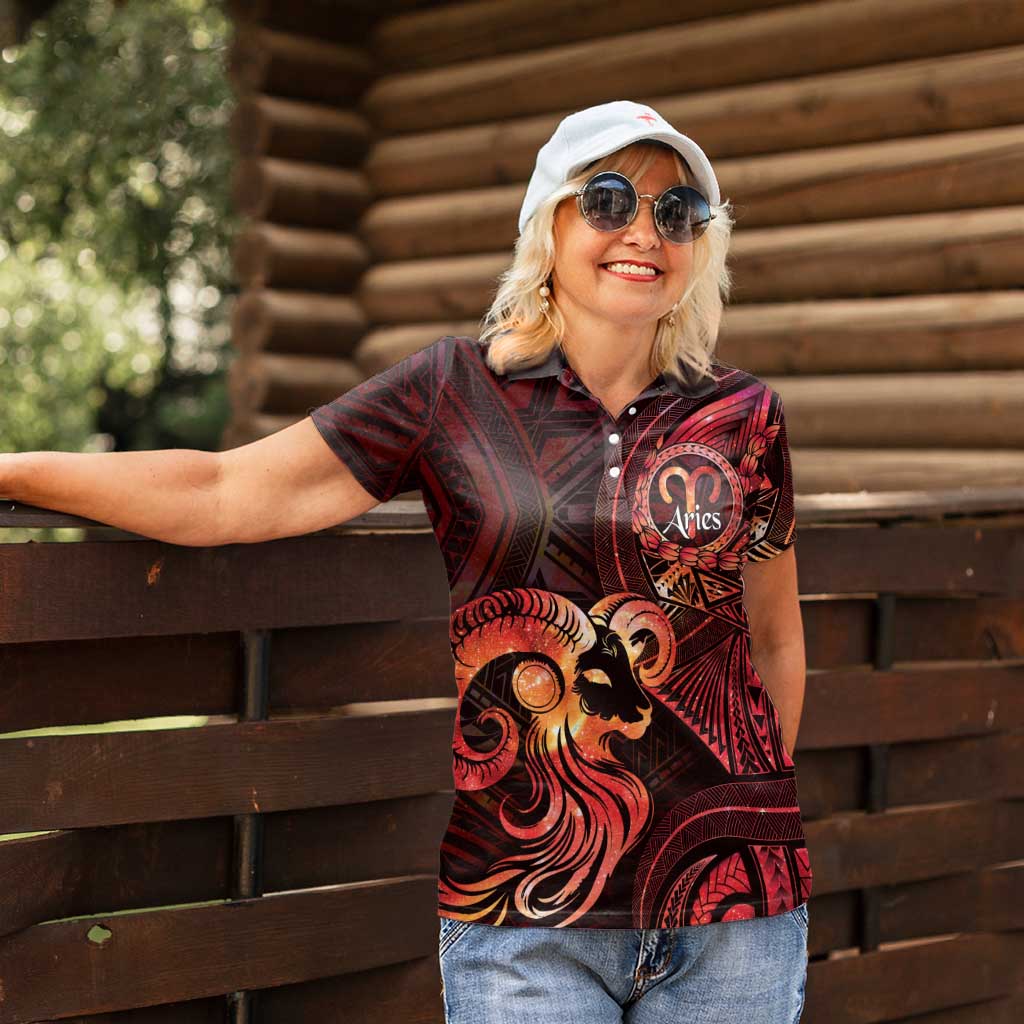 Personalised Polynesia Zodiac Aries Women Polo Shirt Galaxy Polynesian Pattern Chest Tattoo Style
