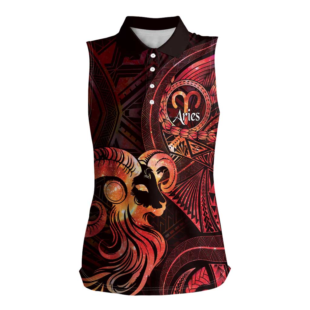 Personalised Polynesia Zodiac Aries Women Sleeveless Polo Shirt Galaxy Polynesian Pattern Chest Tattoo Style