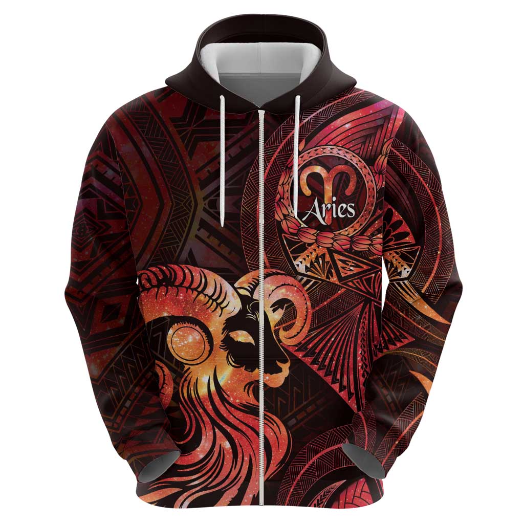 Personalised Polynesia Zodiac Aries Zip Hoodie Galaxy Polynesian Pattern Chest Tattoo Style