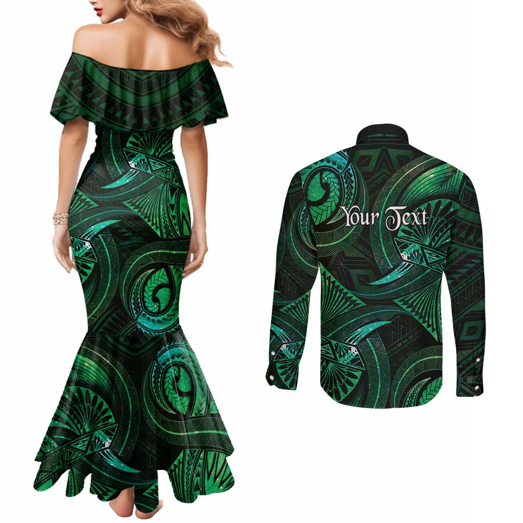 Personalised Polynesia Zodiac Taurus Couples Matching Mermaid Dress and Long Sleeve Button Shirt Galaxy Polynesian Pattern Chest Tattoo Style