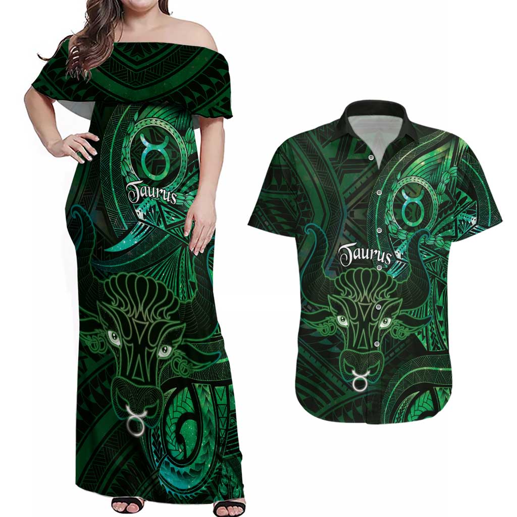Personalised Polynesia Zodiac Taurus Couples Matching Off Shoulder Maxi Dress and Hawaiian Shirt Galaxy Polynesian Pattern Chest Tattoo Style LT14 Green - Polynesian Pride