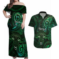 Personalised Polynesia Zodiac Taurus Couples Matching Off Shoulder Maxi Dress and Hawaiian Shirt Galaxy Polynesian Pattern Chest Tattoo Style LT14 Green - Polynesian Pride